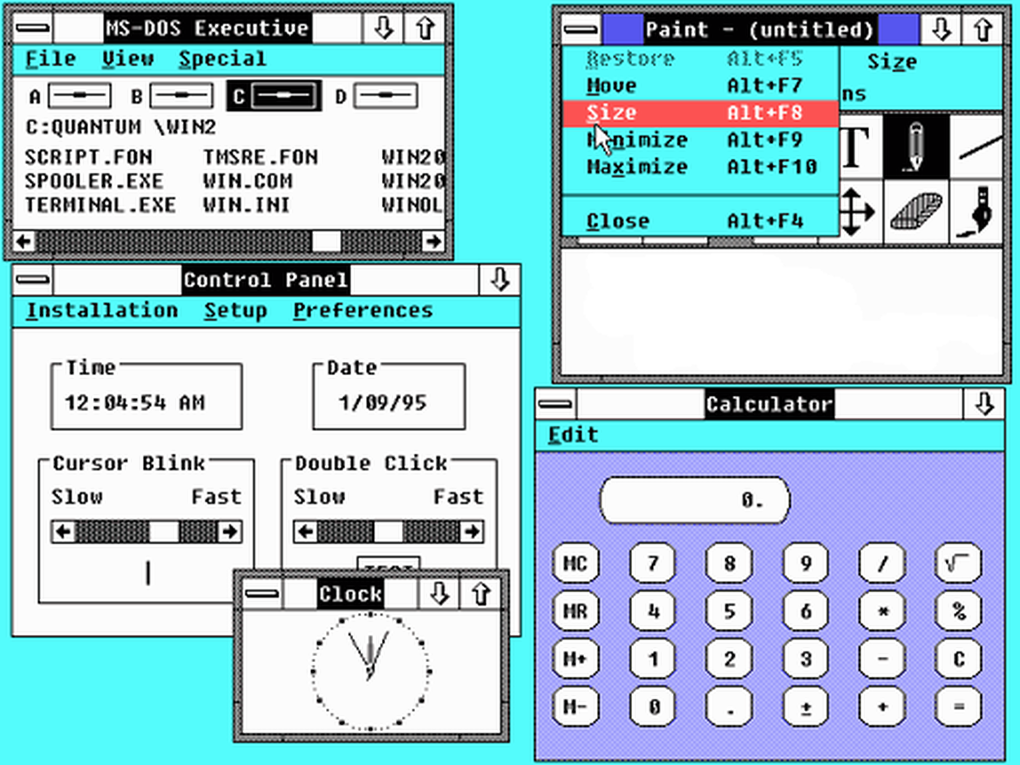Windows 2.0 (1987) : Win 2.0 a poursuivi l'informatique 16 bits avec des graphismes VGA et les premières versions de Word et Excel