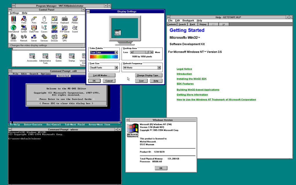 WINDOWS NT 3.5 (1994) : Windows NT 3.5 était la deuxième version de NT, et il a vraiment marqué la poussée de Microsoft dans l'informatique d'entreprise avec des fonctionnalités de sécurité et de partage de fichiers importants.